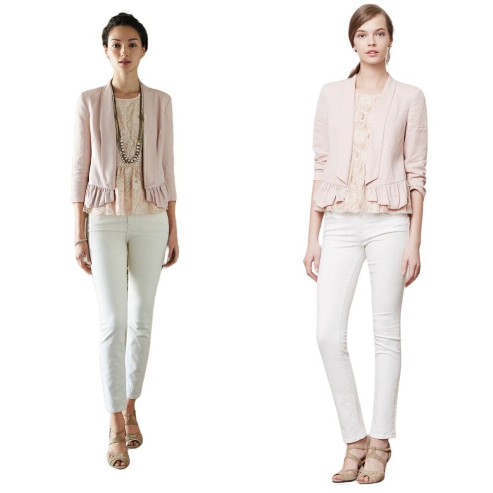 Cartonnier by Anthropologie Open Front Calin Ruffle 3/4 Sleeve Blazer Pink Small